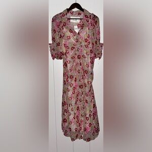 BY Anthropologie Floral Sheer Puff Sleeve Ruched Mesh Midi Shirt Dress SZ 16 NEW
